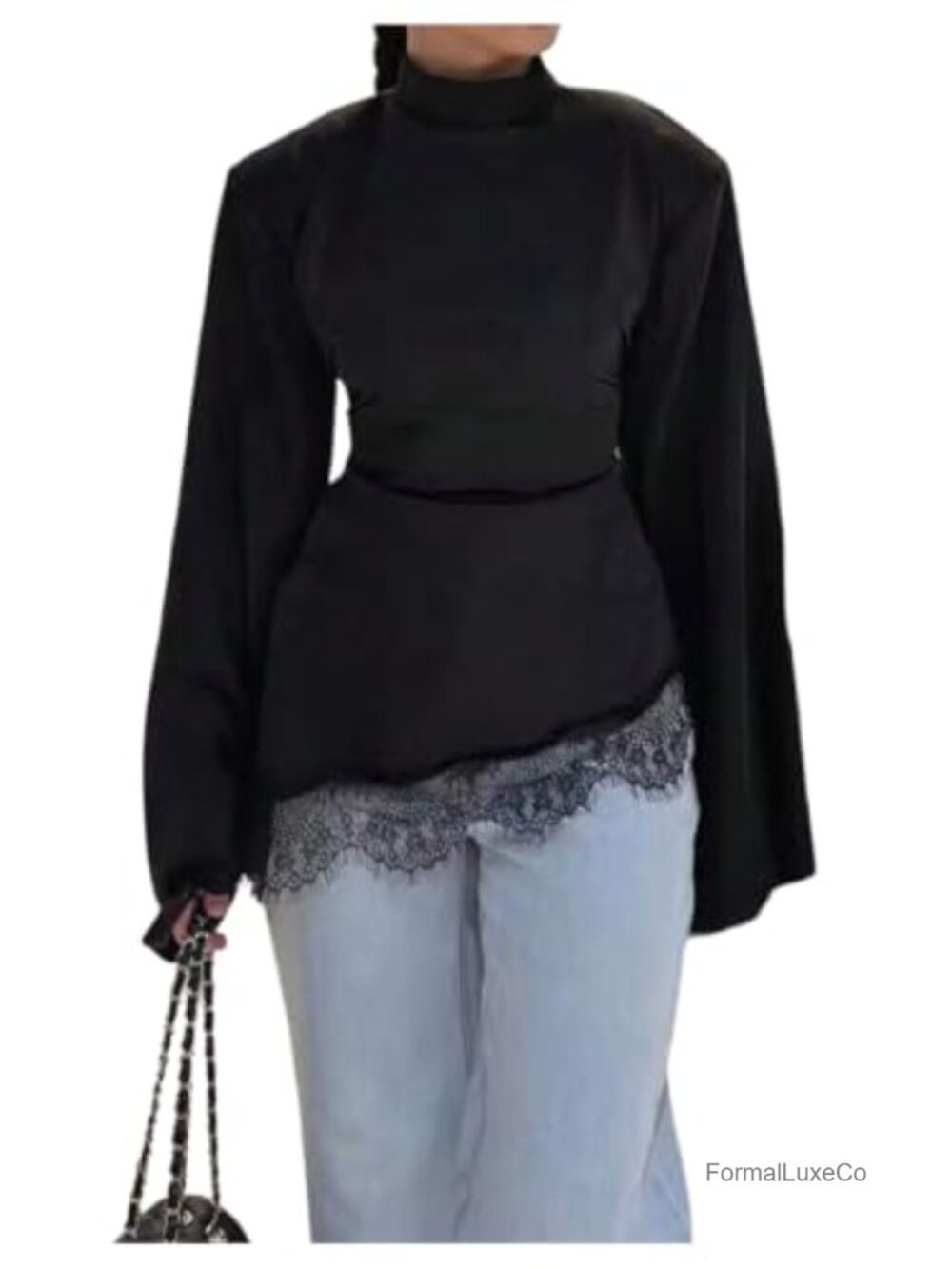 Satin Lace Blouse Mock Neck Bell Sleeve Asymmetrical Tie Back Dressy Top